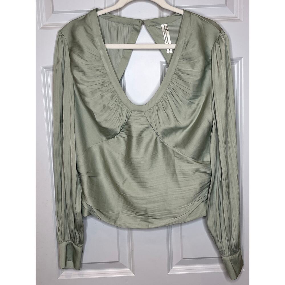 Anthropologie NEW Large Blouson Sleeve Satin Open‎ Back Blouse Mint Green V Neck - Picture 2 of 12
